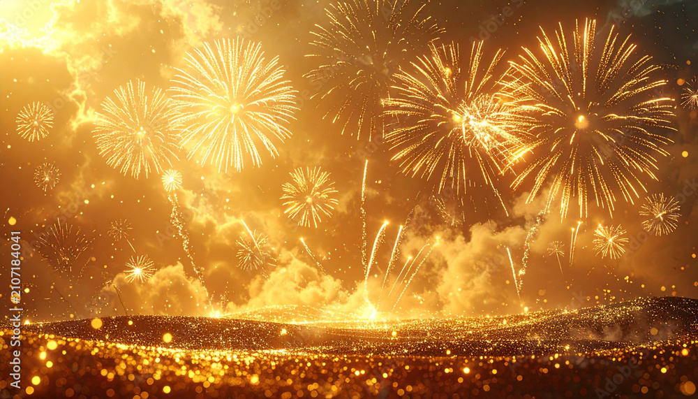 Fototapeta premium Golden fireworks background, full frame, illustration. AI
