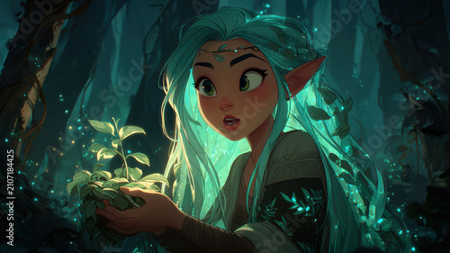 Fantasy wallpaper. A vivid digital artwork depicts a young female elf with long, flowing blue hair and green eyes. She holds a small plant in her hands and appears to be examining it intently.