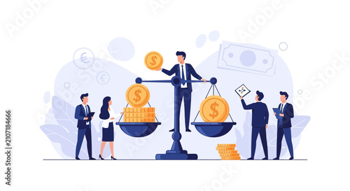 Business finance concept: People balancing coins and money on scales, representing financial decisions and investments.