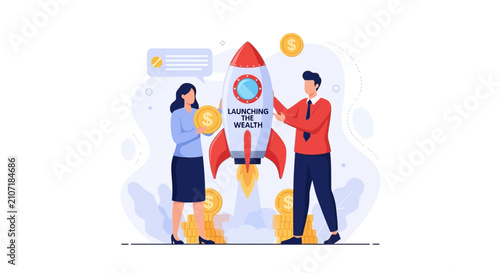 Business Launching Wealth Rocketship with Coins and Business People