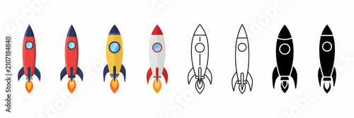 Rocket launch icon set space startup project flat line silhouette vector