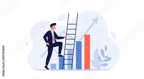 Businessman Climbing Ladder on Bar Chart, Symbolizing Growth and Success in Business