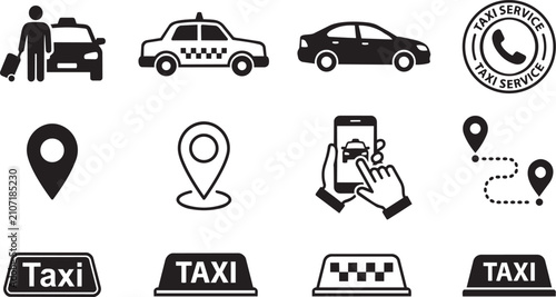 Professional set of black taxi transportation vector icons displayed clearly on transparent background
