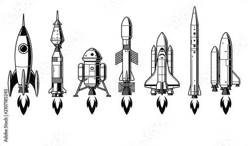 Cuadro en lienzo Various rocket spacecraft designs in a line with exhaust flames during liftoff a