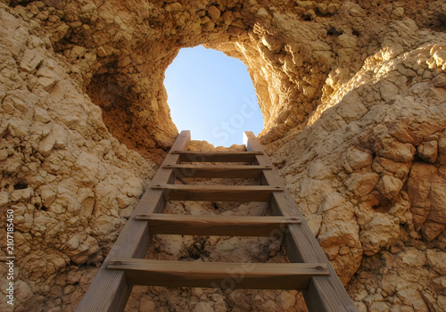 Ancient stone well with wooden ladder leading to sunlight desert archaeology exploration