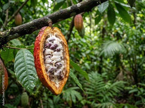 Ripe cacao pod hanging on tree. Open cocoa fruit showing fresh beans in tropical forest.