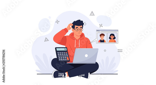 Confused student or remote worker with laptop, calculator, and video call, struggling with online learning or work tasks.
