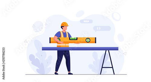 Construction worker using a level tool to ensure accuracy on a project, flat design illustration