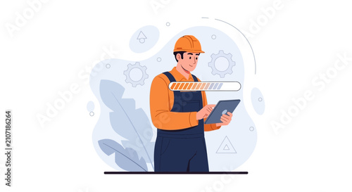 Construction Worker with Tablet Showing Loading Bar, Technology and Progress Concept