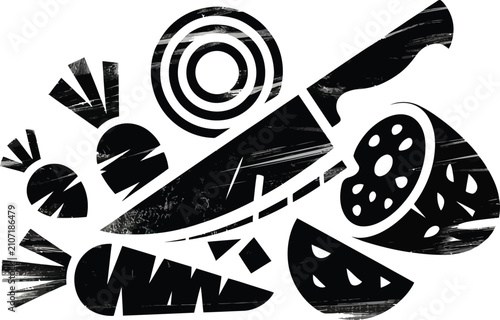 Black silhouette of various meats and cuts arranged with knife on white background in modern abstract graphic design