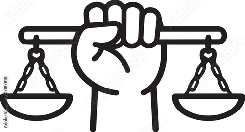 Justice and Equality Line Icon with Raised Fist Holding Balanced Scales, Law and Human Rights Symbol