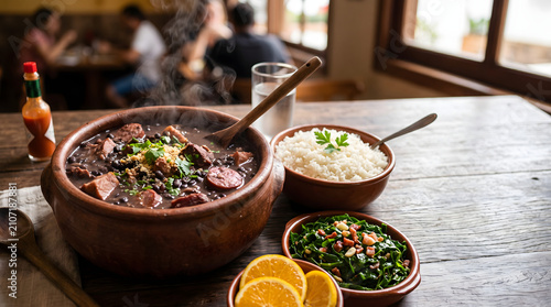 Traditional Brazilian Feijoada Stew with Rice and Orange