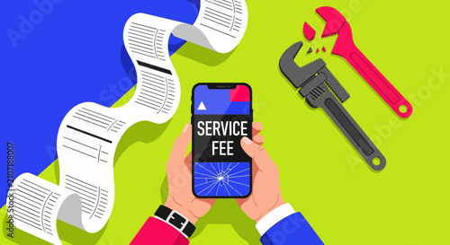 Digital service fee displayed on a smartphone with a long bill and repair wrenches, concept for online maintenance costs, utility payments, and professional services.