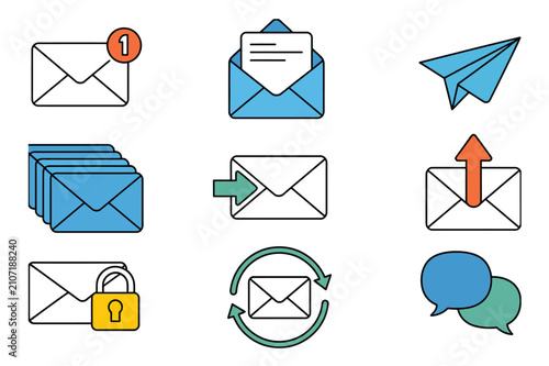 Foto Email and Digital Message Marketing Line Icons for Envelope, Notification, Paper