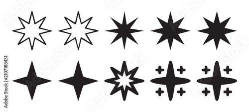 Set of black star icons in different shapes on transparent background. graphic design elements.