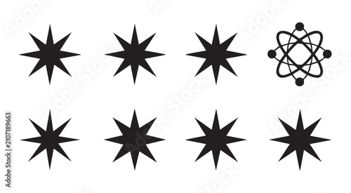 Set of black seven-pointed star icons and atom model on transparent background. graphic design.