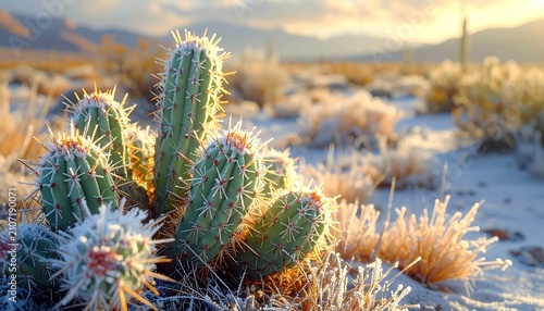 Desert landscape features a close-up of a cactus with sharp spines, bathed in soft sunlight. Frosty grass adds texture