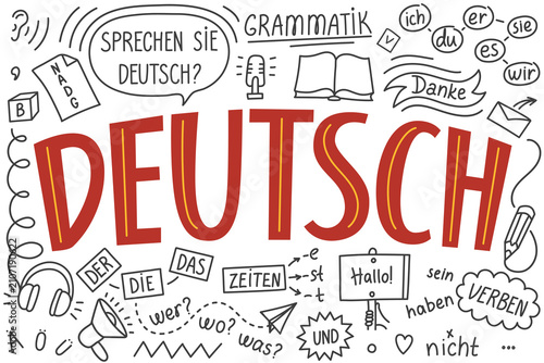 Deutsch. German language grammar hand drawn doodle om white background. Education, learning foreign languages and school concept.