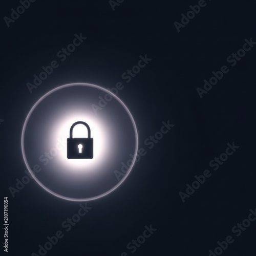 Minimalist padlock icon centered within a circular white glow and outer ring on a dark background. Digital security, data encryption, and information privacy protection concept.