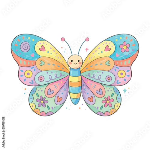 Cute Pastel Butterfly Cartoon Illustration with Floral Pattern | Kawaii Spring Vector Style
