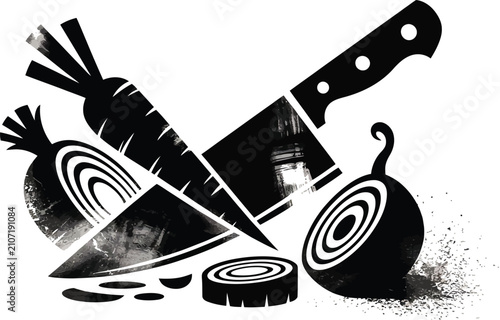 A stylized black silhouette of kitchen knife cutting through onion on white background in graphic illustration EPS vector format for culinary design elements