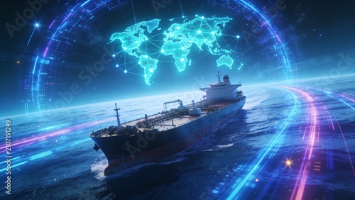 Futuristic cargo ship sailing through digital global network and cosmic space