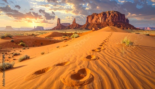 Desert landscape features a sandy foreground with footprints leading to majestic sandstone buttes under a vibrant sunset sky