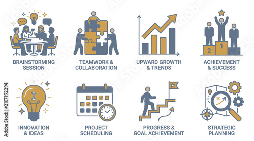 Corporate strategic planning and project management icons for professional business achievement.