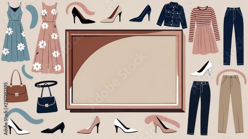 Fashionable Women’s Apparel Showcase with Elegant Shoes and Accessories in a Creative Frame for Style Inspiration and Marketing Use