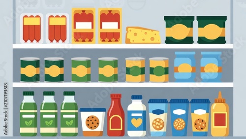 Variety of Food Items on a Kitchen Shelf with Jarred Goods, Cans, Cheese, Sauces, and Beverages for Home Cooking and Meal Preparation