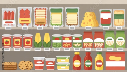 Organized Stock Photo of Grocery Shelves with Various Food Items and Packaged Products for Kitchen and Cooking Themes