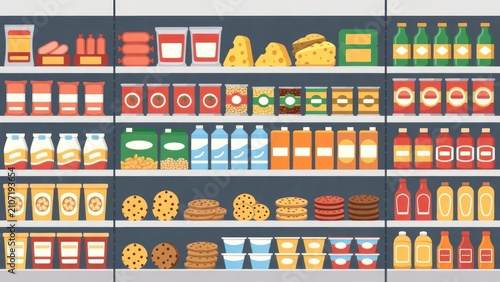  Organized Grocery Shelf Displaying Various Food Items Including Snacks, Drinks, Condiments, and Canned Goods in a Cozy Supermarket Setting
