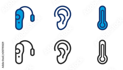 Canvastavla Hearing aid ear anatomy and thermometer icons set linear and filled styles