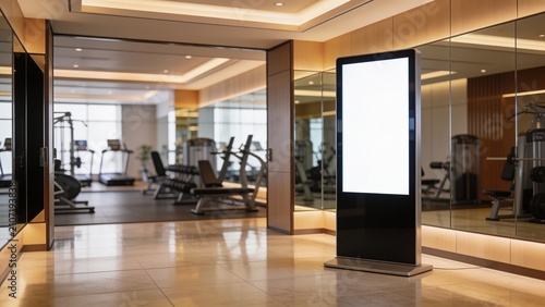 Modern gym lobby with sleek fitness equipment and digital display in contemporary office space