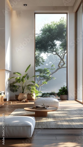 Modern living room with large window and plants.