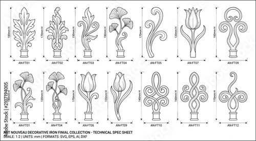 Fotografie Art Nouveau decorative iron finial collection technical spec sheet
