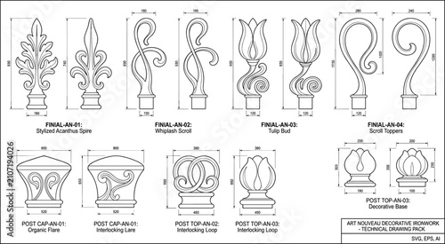 Schilderij op canvas Art Nouveau decorative ironwork technical drawing pack specification sheet