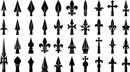Canvastavla Black and white fence finials, spearheads, and metal railing toppers vector coll