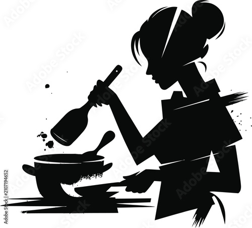 Silhouette of a woman pouring from a bottle into a bowl on a table with a white clean background in a minimalist kitchen setting with modern utensils and cookware