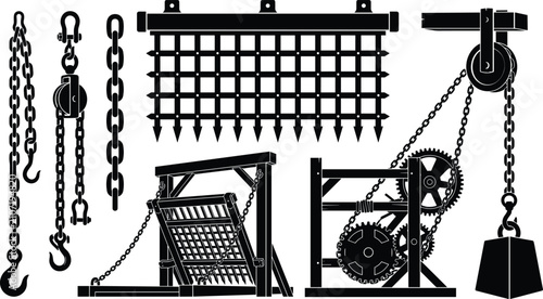Schilderij op canvas Black and white medieval castle portcullis, lifting mechanisms, chains, and coun