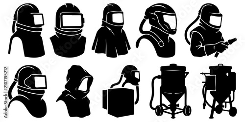 Sandblasting Hood Vector Silhouette Bundle - Industrial Abrasive Blasting Helmet Icon Pack - Blast Cabinet Protection Equipment Template Collection