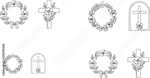 Christian memorial one line art collection with crosses and floral wreaths