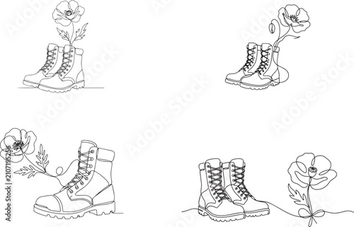 Military boots one line art collection with poppy flowers for remembrance designs