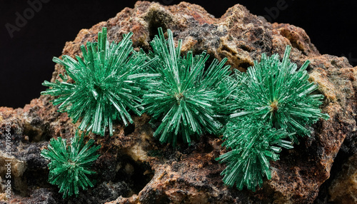 Bright green acicular crystals of malachite mineral forming starburst clusters on a rough brown rock surface against a dark background