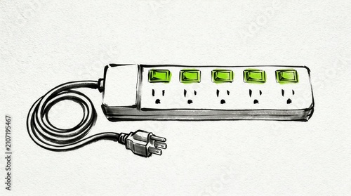 Sketch illustration of a power strip with five outlets and green switches