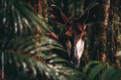 Obraz na płótnie okapi hiding behind rainforest trees
