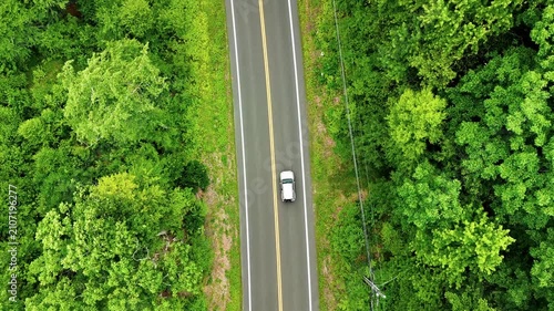 Aerial view of a silver car driving along a scenic forest road in the USA, surrounded by lush green trees, symbolizing travel, freedom, adventure, road trips, and the beauty of nature.
