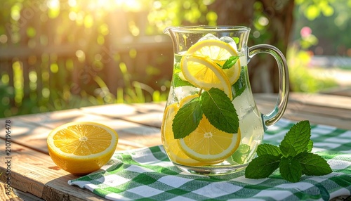 Glass pitcher with lemon slices and mint leaves on wooden table under sunlight, symbolizing freshness, purity, and summer vitality.