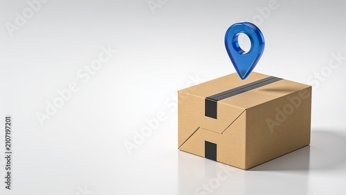 Minimalist blue location pin on top of cardboard shipping box for delivery logistics