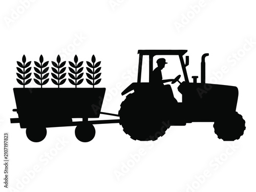 Tableau sur toile Tractor Pulling Trailer with Wheat Silhouette Illustration